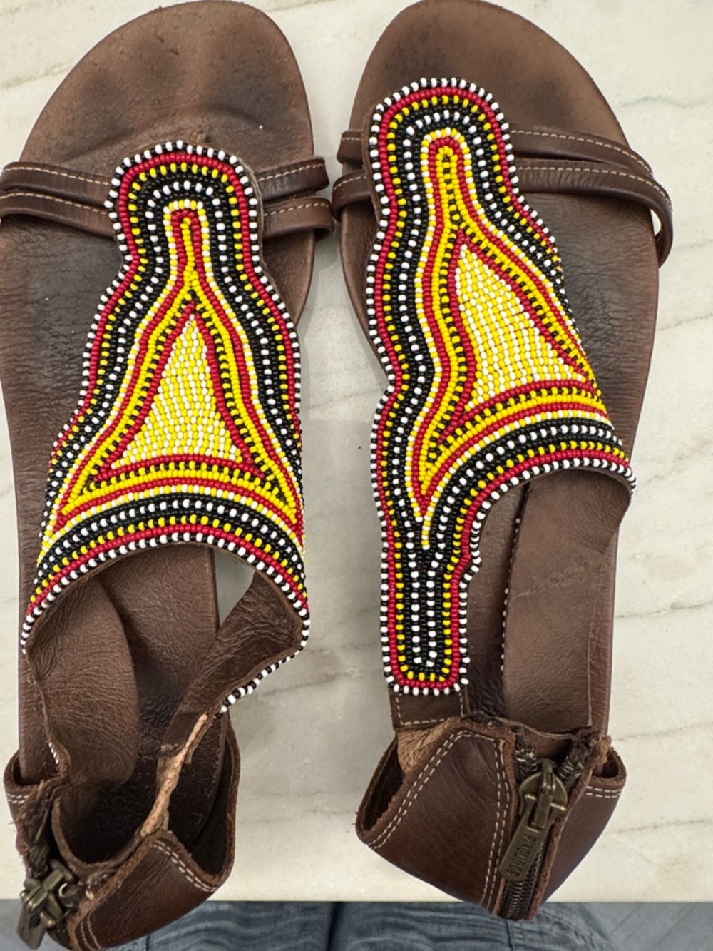 Picolinos Beaded Brown Leather Women's Sandals with Yellow & Red Accents